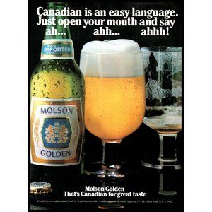 1983 Molson Golden Beer Vintage Print Ad Green Bottle Full Empty Glass Wall Art